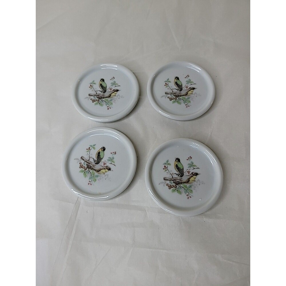 Lot Of 4 Vintage Interpur White Ceramic Porcelain Song Bird Coasters  3.5"